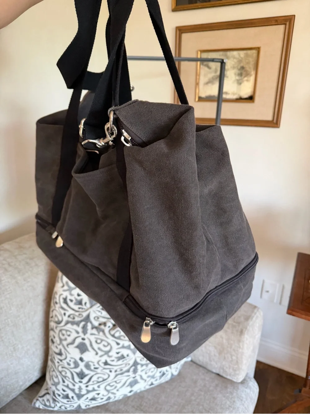Charcoal Canvas Weekend Duffel Bag with Shoe Compartment